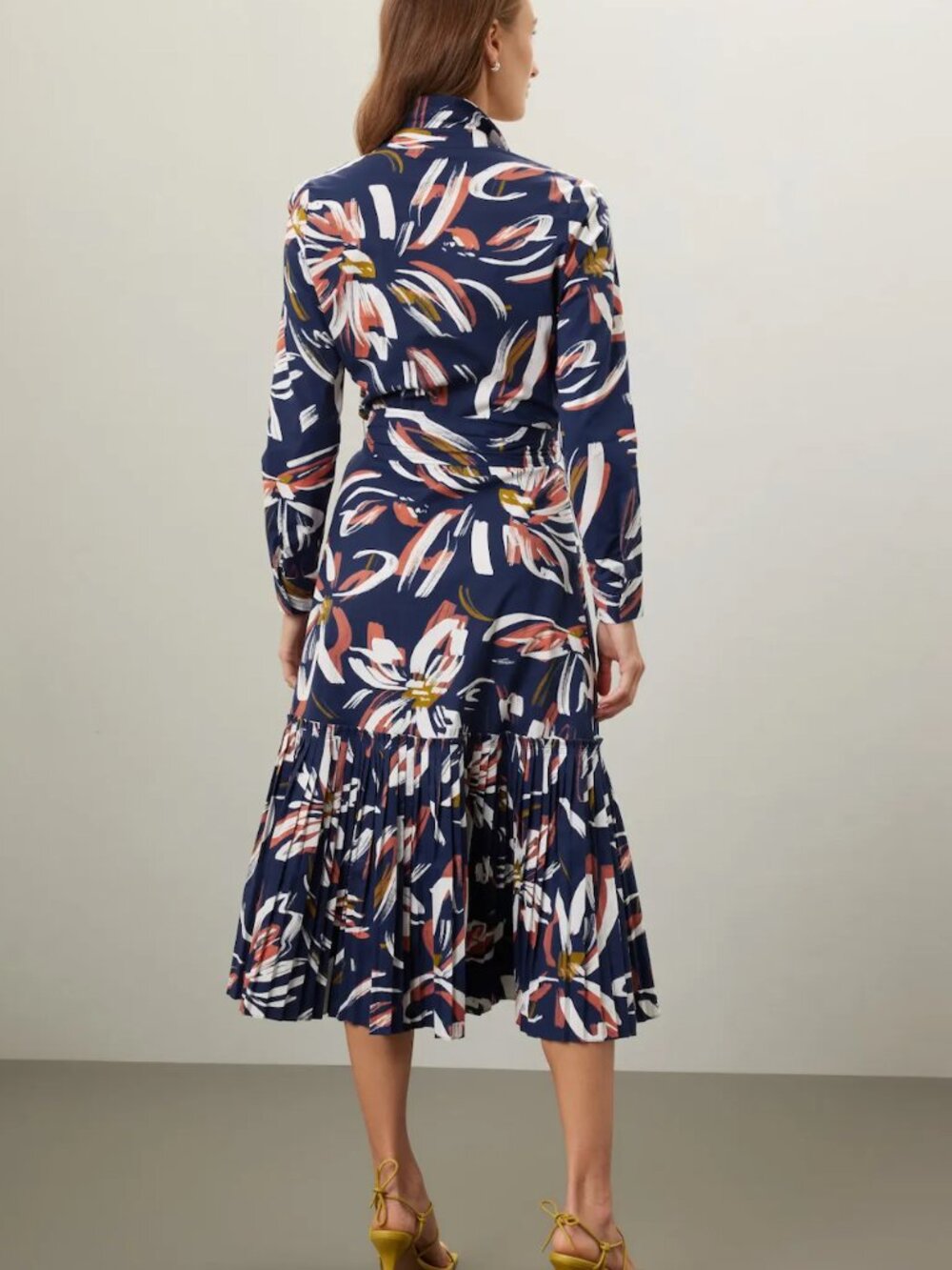 Shoshanna Floral-Print Pleated-Hem Tori Midi Dress Blue Long Sleeve Shirtdress - Picture 4 of 8